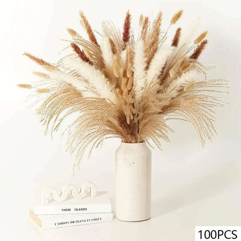 105pcs Natural Dried Flowers Pampas Floral Bouquet Boho Country Home Decoration Rabbit Tail Grass Reed Wedding Decor Arrangement - KIMLUD