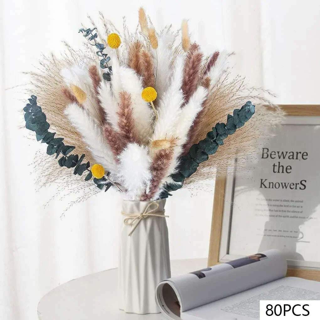 105pcs Natural Dried Flowers Pampas Floral Bouquet Boho Country Home Decoration Rabbit Tail Grass Reed Wedding Decor Arrangement - KIMLUD