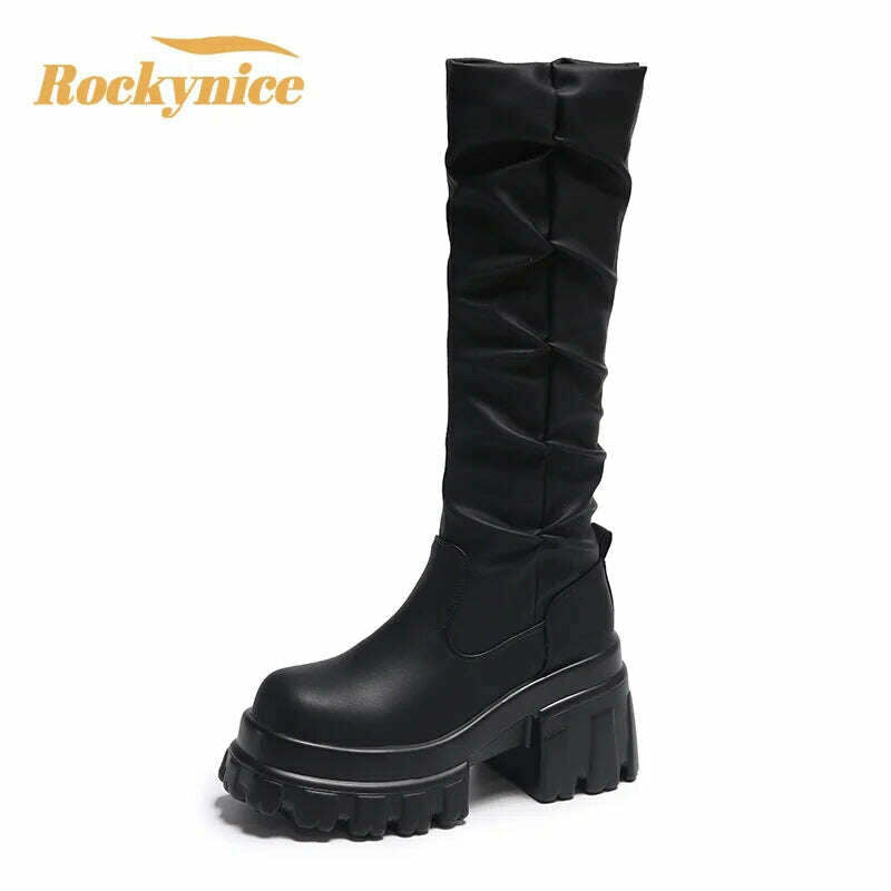 10CM Heels Pleated Leather Knee High Boots Women Fashion 2023 Winter Autumn Warm Plush Thick Sole Sneakers Motorcycle Long Boots - KIMLUD