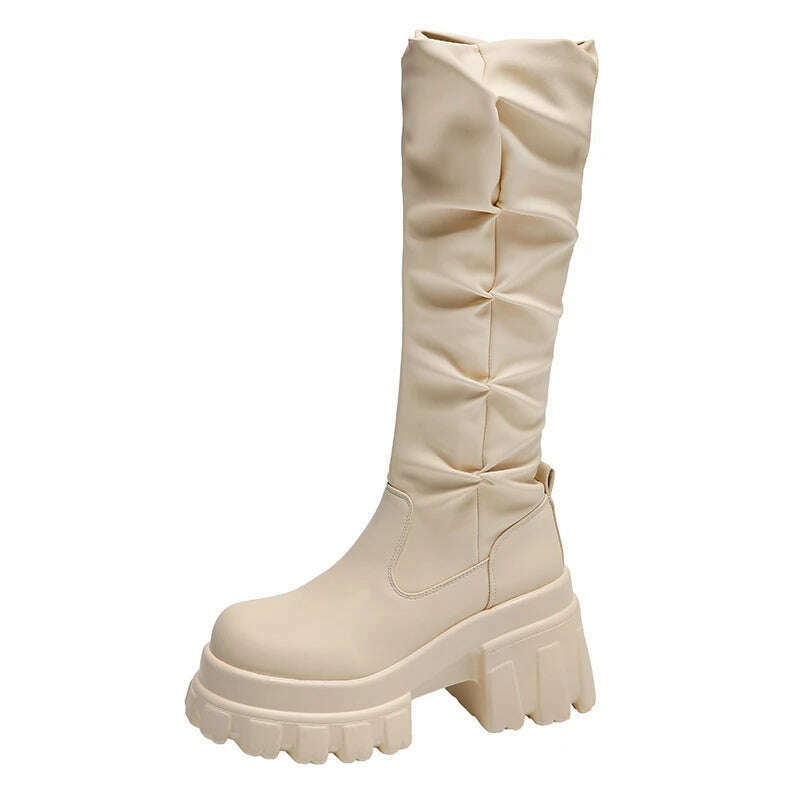 10CM Heels Pleated Leather Knee High Boots Women Fashion 2023 Winter Autumn Warm Plush Thick Sole Sneakers Motorcycle Long Boots - KIMLUD