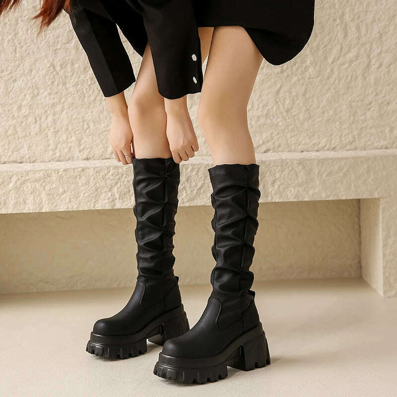 10CM Heels Pleated Leather Knee High Boots Women Fashion 2023 Winter Autumn Warm Plush Thick Sole Sneakers Motorcycle Long Boots - KIMLUD