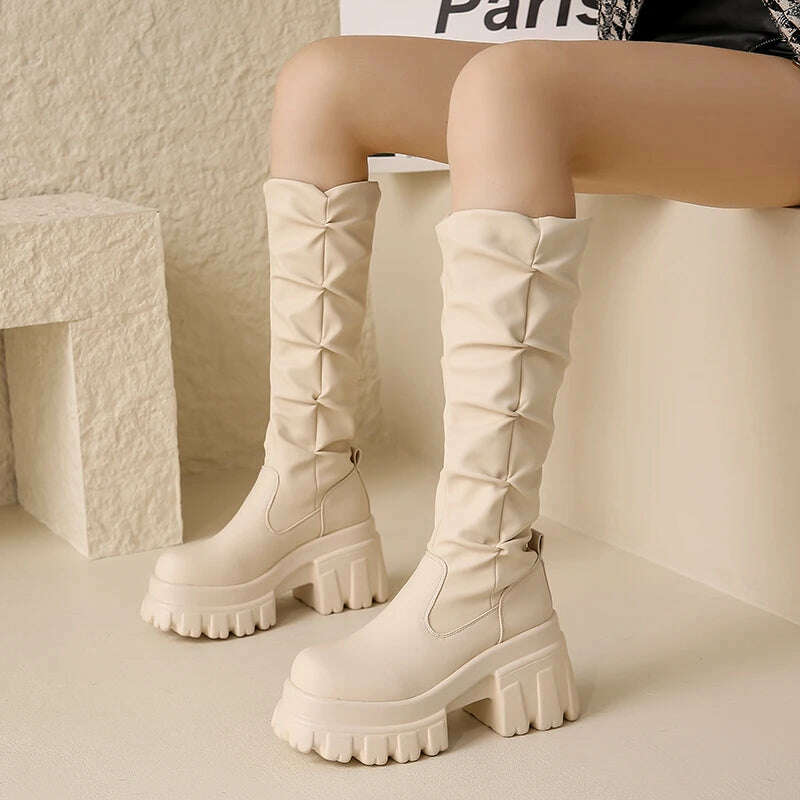 10CM Heels Pleated Leather Knee High Boots Women Fashion 2023 Winter Autumn Warm Plush Thick Sole Sneakers Motorcycle Long Boots - KIMLUD