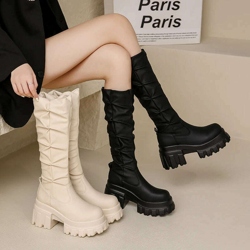10CM Heels Pleated Leather Knee High Boots Women Fashion 2023 Winter Autumn Warm Plush Thick Sole Sneakers Motorcycle Long Boots - KIMLUD