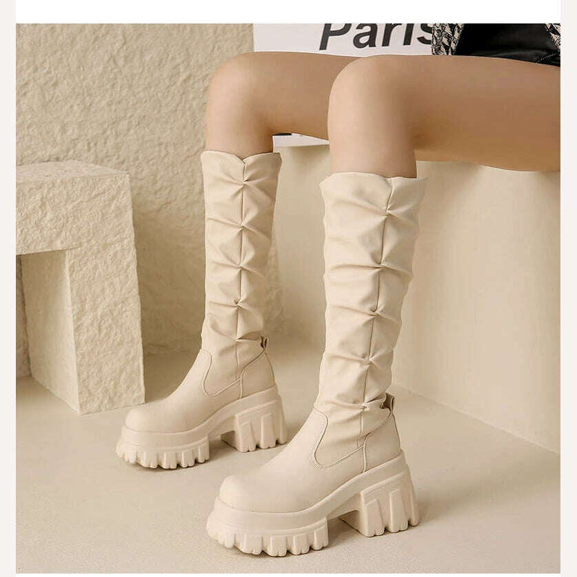 10CM Heels Pleated Leather Knee High Boots Women Fashion 2023 Winter Autumn Warm Plush Thick Sole Sneakers Motorcycle Long Boots - KIMLUD