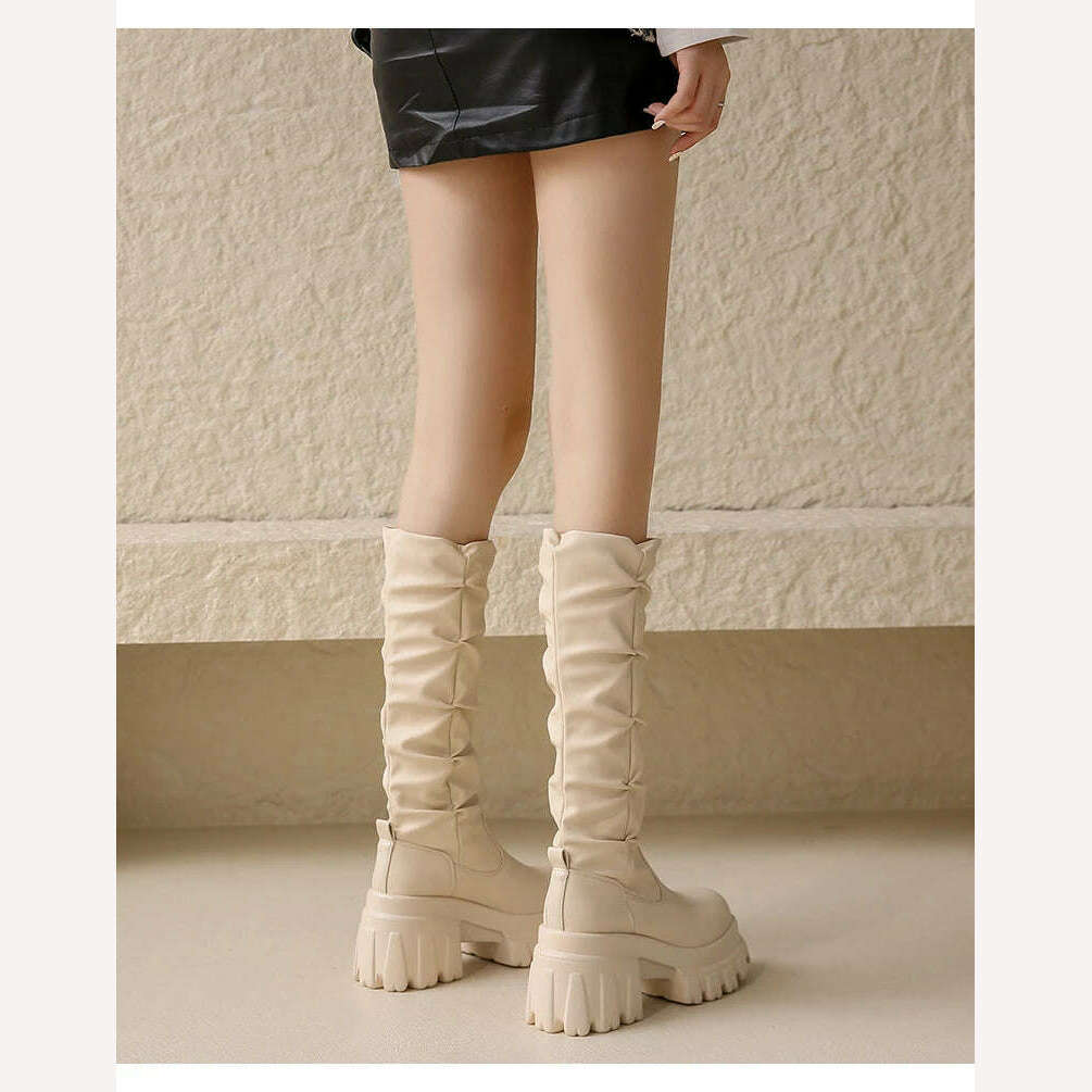 10CM Heels Pleated Leather Knee High Boots Women Fashion 2023 Winter Autumn Warm Plush Thick Sole Sneakers Motorcycle Long Boots - KIMLUD