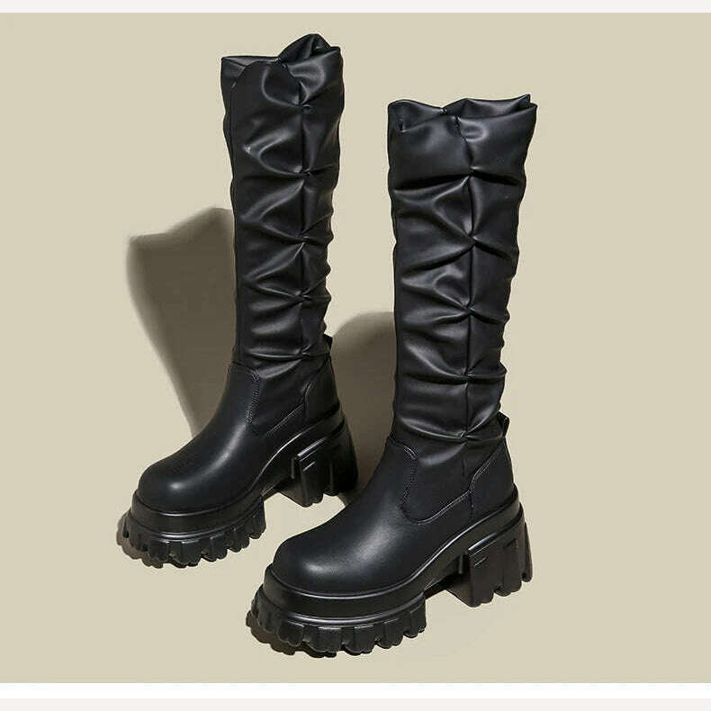 10CM Heels Pleated Leather Knee High Boots Women Fashion 2023 Winter Autumn Warm Plush Thick Sole Sneakers Motorcycle Long Boots - KIMLUD