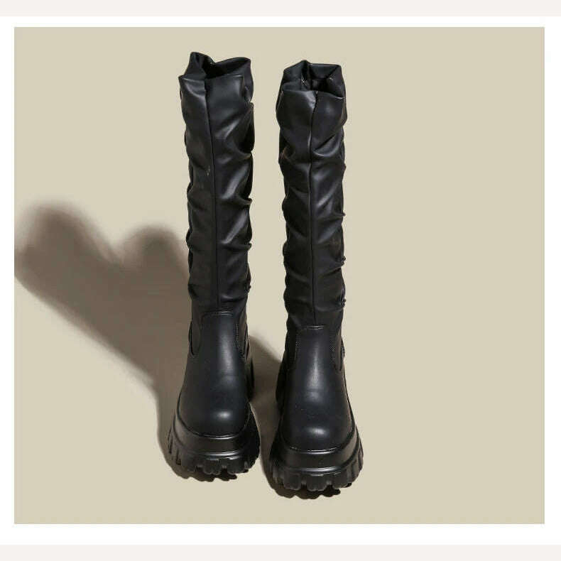10CM Heels Pleated Leather Knee High Boots Women Fashion 2023 Winter Autumn Warm Plush Thick Sole Sneakers Motorcycle Long Boots - KIMLUD