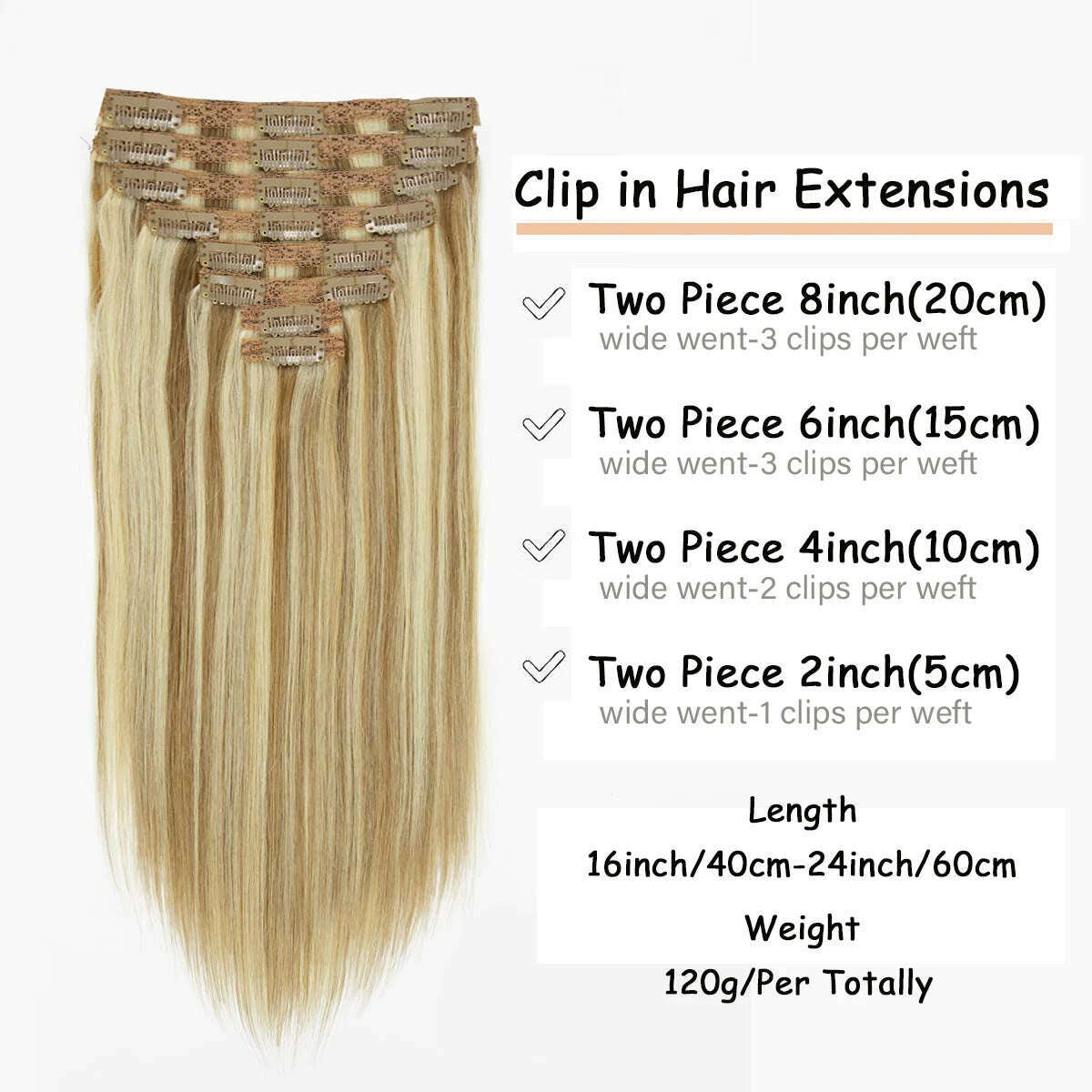 120G Clip In Hair Extension Human Hair Color P8/613 Straight Brazilian 100% Human Hair Extension Clip In 8 Pieces/Sets Full Head - KIMLUD