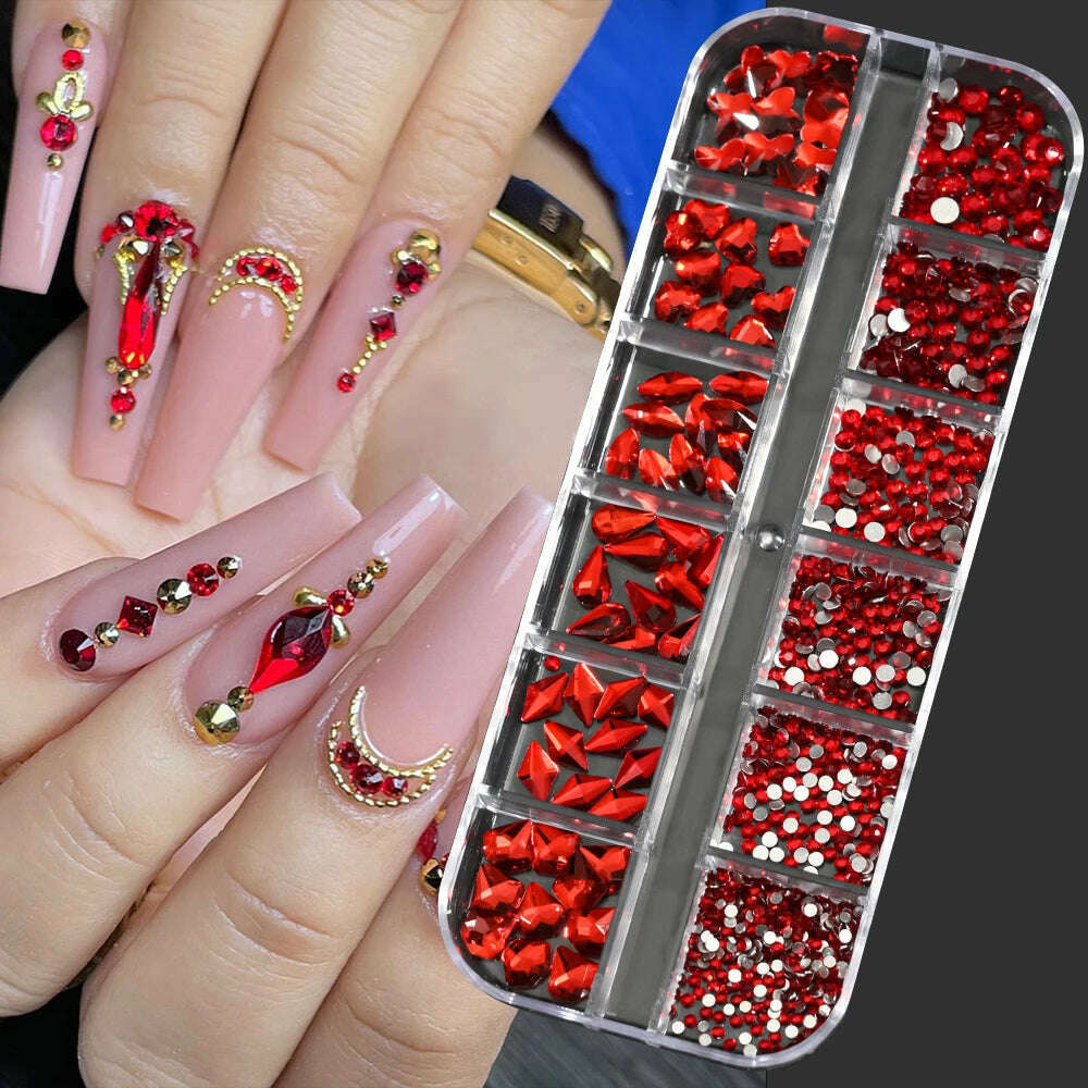 12Grids Pink Mixed Nail Rhinestones Luxury Nail Charms Glitter Crystal Jewelry Gems Nail Art Decoration Manicure Rhinestones R#Q - KIMLUD