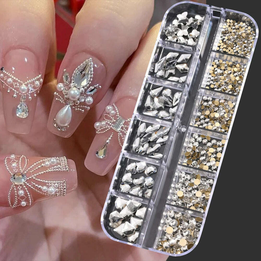 12Grids Pink Mixed Nail Rhinestones Luxury Nail Charms Glitter Crystal Jewelry Gems Nail Art Decoration Manicure Rhinestones R#Q - KIMLUD