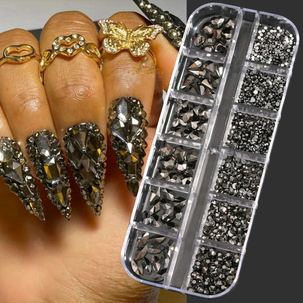 12Grids Pink Mixed Nail Rhinestones Luxury Nail Charms Glitter Crystal Jewelry Gems Nail Art Decoration Manicure Rhinestones R#Q - KIMLUD