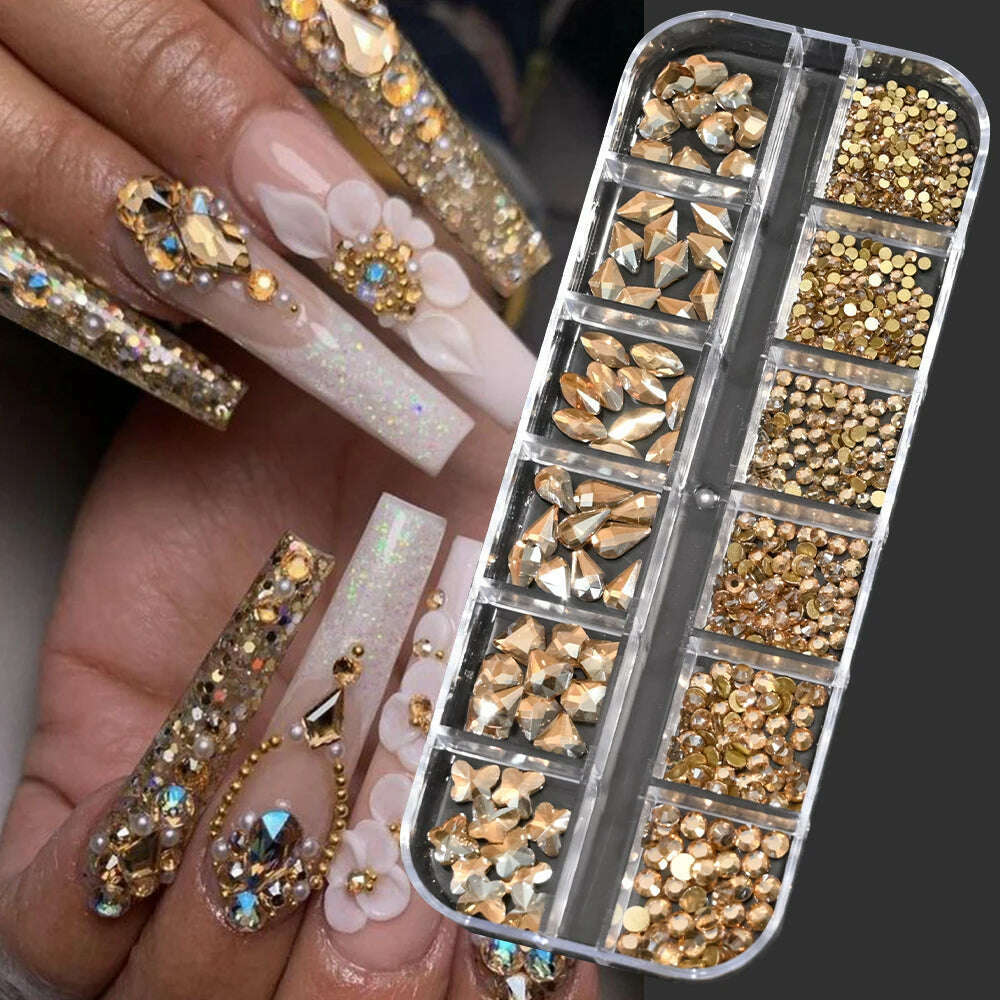 12Grids Pink Mixed Nail Rhinestones Luxury Nail Charms Glitter Crystal Jewelry Gems Nail Art Decoration Manicure Rhinestones R#Q - KIMLUD