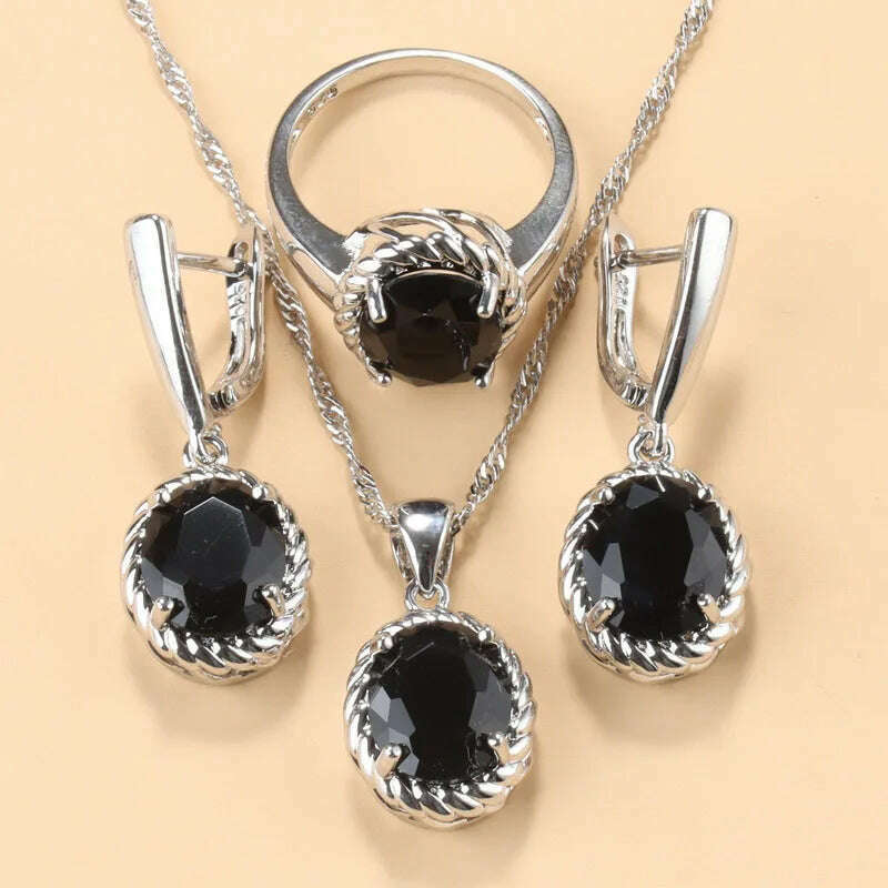 KIMLUD, 13-Colors Stone 925 Silver Bridal Jewelry Sets Wedding Ring Costume Earrings Pendant Chain Necklace For Women Christmas Gift, Black / 10, KIMLUD APPAREL - Womens Clothes