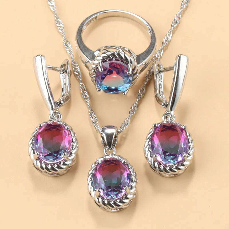 KIMLUD, 13-Colors Stone 925 Silver Bridal Jewelry Sets Wedding Ring Costume Earrings Pendant Chain Necklace For Women Christmas Gift, Colorful / 10, KIMLUD APPAREL - Womens Clothes