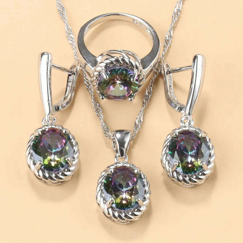 KIMLUD, 13-Colors Stone 925 Silver Bridal Jewelry Sets Wedding Ring Costume Earrings Pendant Chain Necklace For Women Christmas Gift, Rainbow / resizable, KIMLUD APPAREL - Womens Clothes
