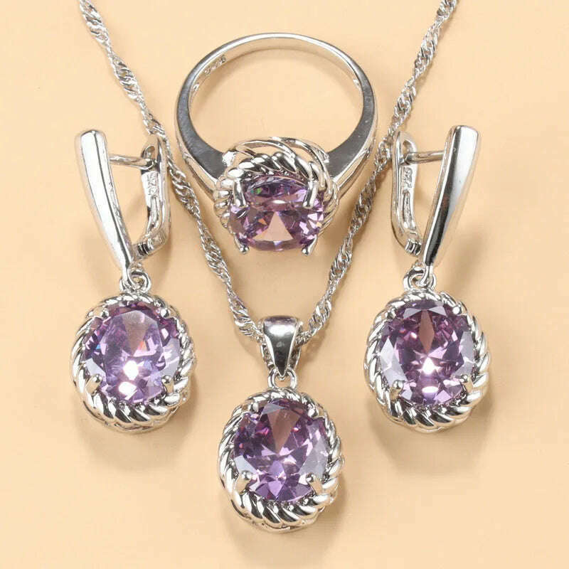 KIMLUD, 13-Colors Stone 925 Silver Bridal Jewelry Sets Wedding Ring Costume Earrings Pendant Chain Necklace For Women Christmas Gift, Purple / resizable, KIMLUD APPAREL - Womens Clothes