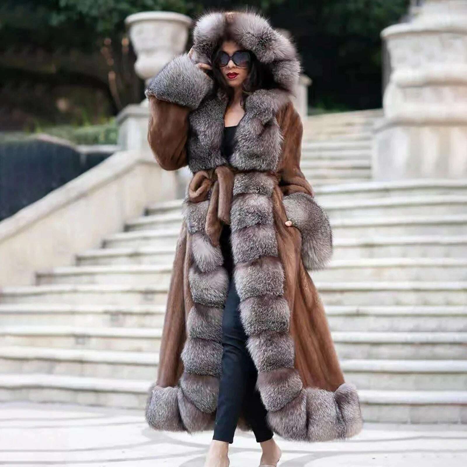 KIMLUD, 130cm Long Real Mink Fur Coat With Hood High Quality Genuine Mink Fur Crystal Fox Overcoat With Belt Trendy Fur Overcoats Woman, KIMLUD Womens Clothes