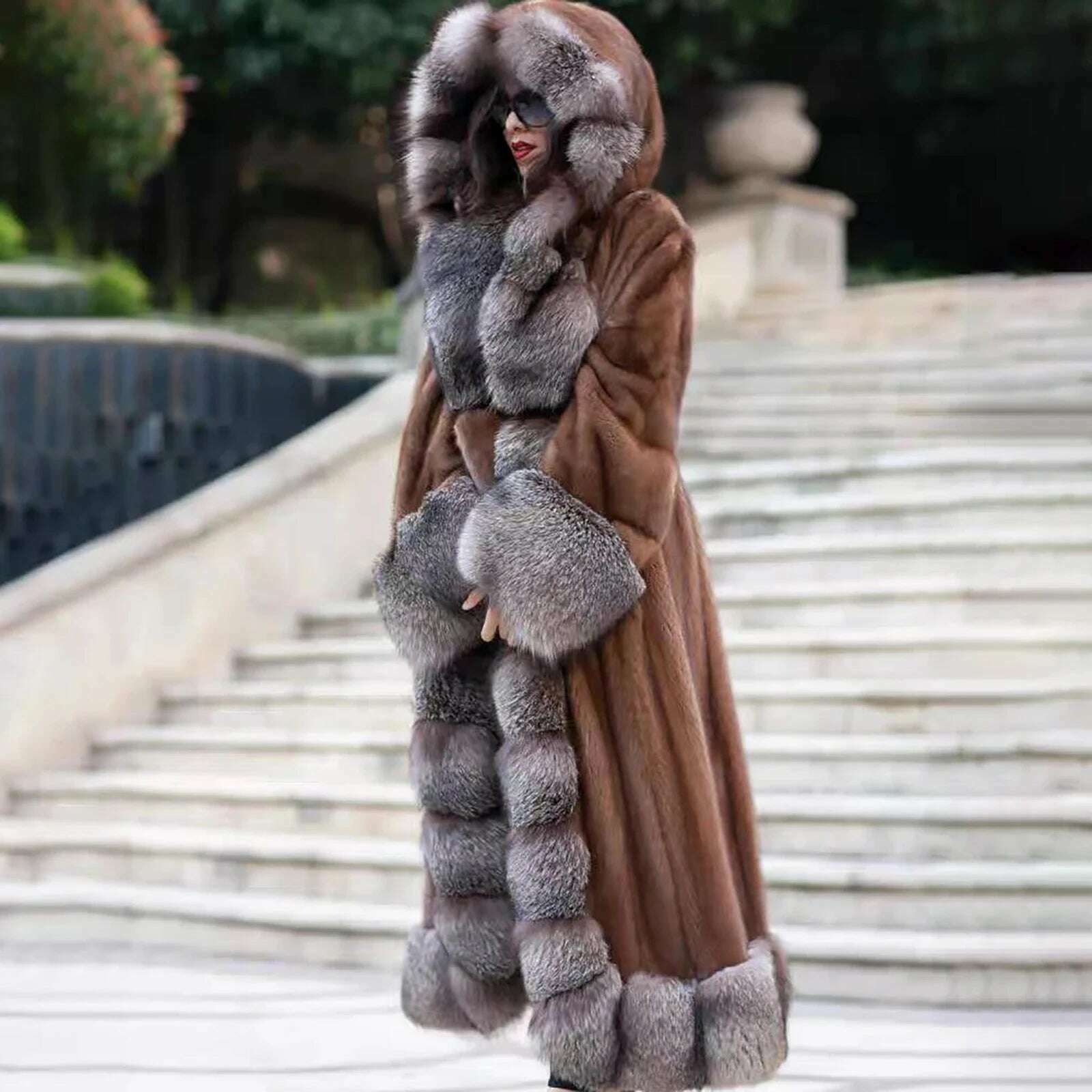 KIMLUD, 130cm Long Real Mink Fur Coat With Hood High Quality Genuine Mink Fur Crystal Fox Overcoat With Belt Trendy Fur Overcoats Woman, KIMLUD Womens Clothes
