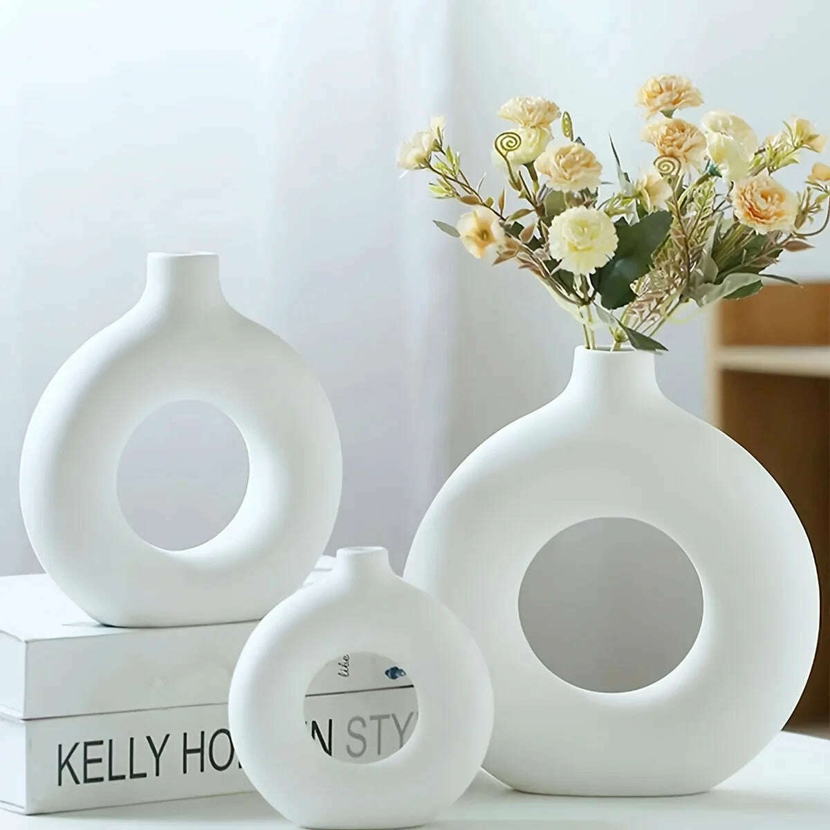 1pc, White/Beige Ceramic Vase Vases For Decor, Modern Home Decor Vase, Boho Vases For Decor, Circle Vase, Round Vase, Donut Vas - KIMLUD