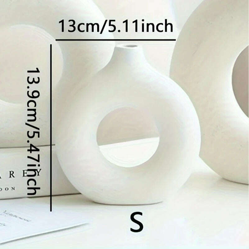 1pc, White/Beige Ceramic Vase Vases For Decor, Modern Home Decor Vase, Boho Vases For Decor, Circle Vase, Round Vase, Donut Vas - KIMLUD