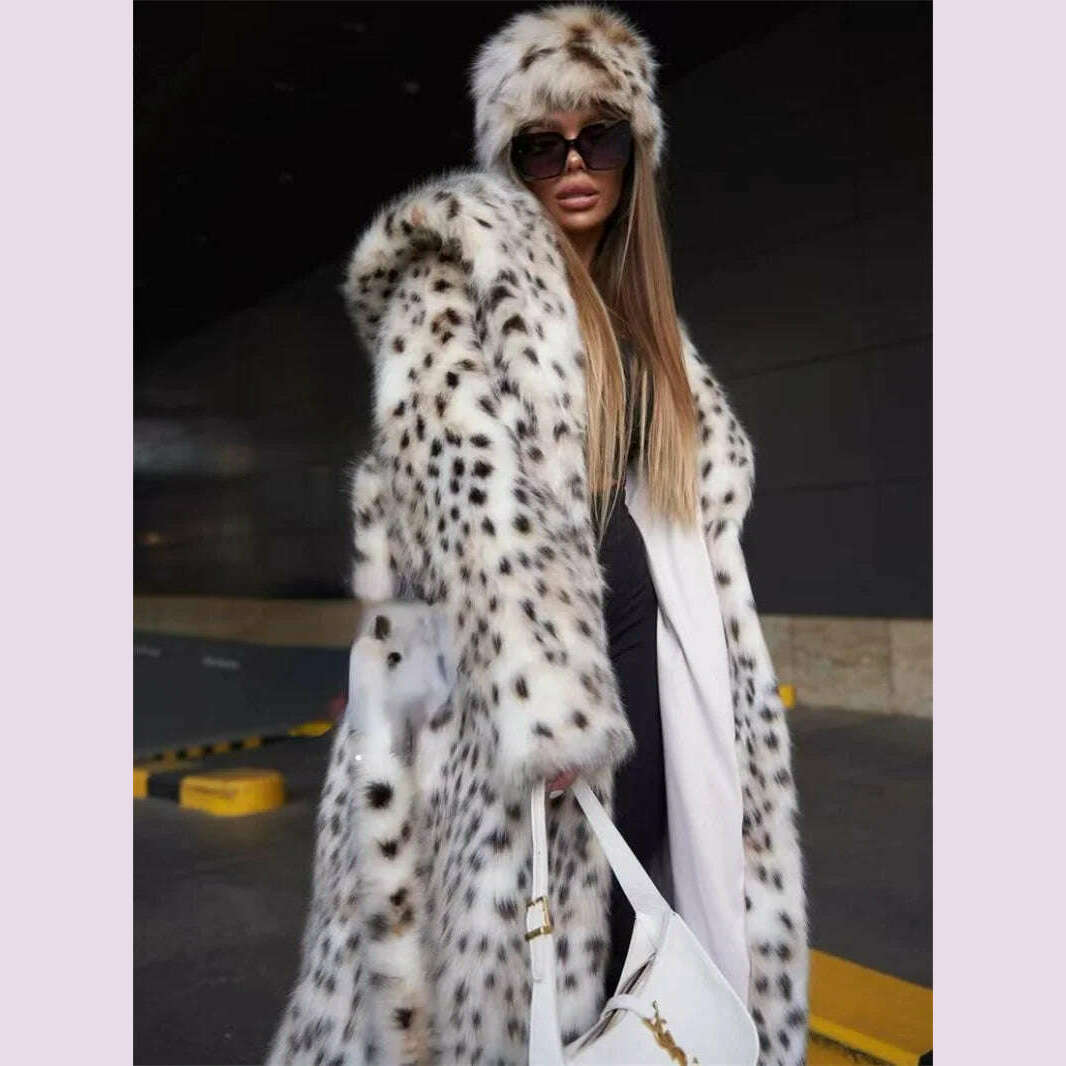 KIMLUD, 2 Color Winter Warm Loose Plush Windbreaker With Hat Women Faux Fox Fur Black White Dot Leopard Coat Ladies Thick Long Overcoat, KIMLUD Womens Clothes
