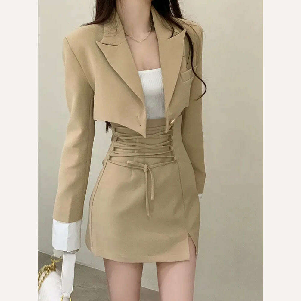 2 Piece Dress Set Women Casual Y2k Crop Tops Elegant Jacket Coats + Mini Skirts Korean Fashion Suits 2022 Autumn Blazers Dress - KIMLUD