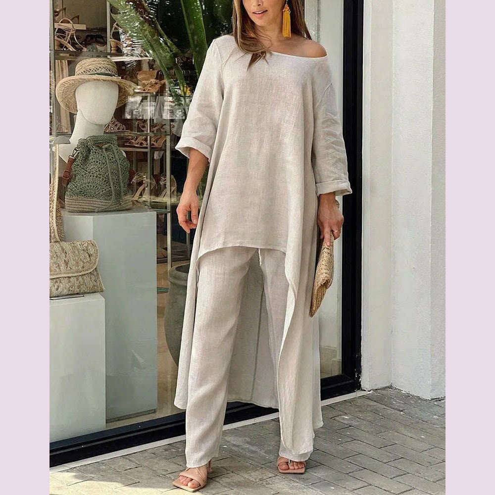 KIMLUD, 2 Piece Sets Women Solid Color Irregular Long Sleeved Tops Wide Leg Pants Two-piece Set Female Elegant Office Lady Outfit 2025, Khaki / XXXL, KIMLUD APPAREL - Womens Clothes
