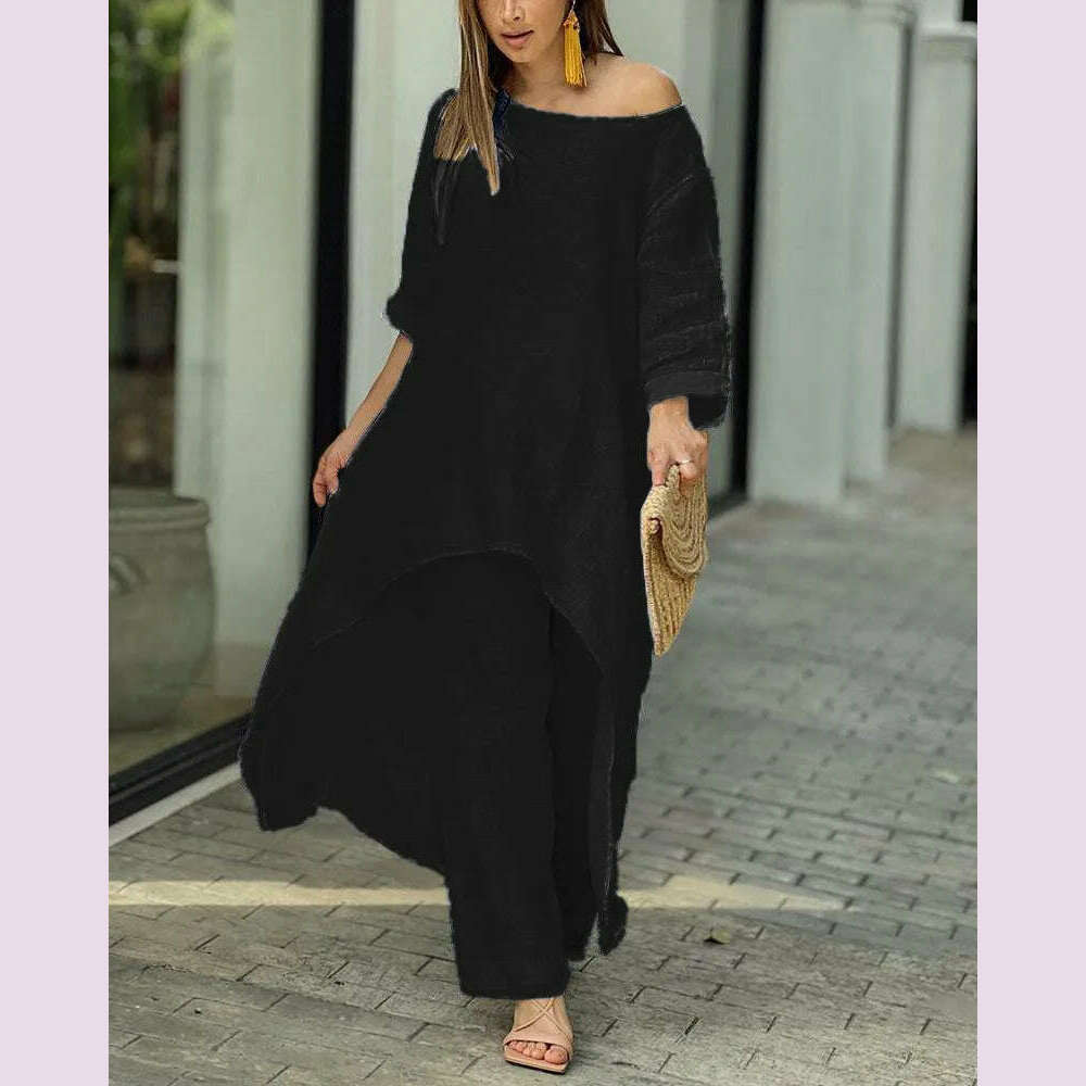 KIMLUD, 2 Piece Sets Women Solid Color Irregular Long Sleeved Tops Wide Leg Pants Two-piece Set Female Elegant Office Lady Outfit 2025, black / XXXL, KIMLUD APPAREL - Womens Clothes