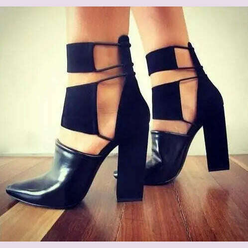 KIMLUD, 2017 Spring Fashion Black Smooth Leather Women Pointy Toe Pumps Thin Straps Cut Out Ladies Chunky Heel Shoes Rome Style Pumps, KIMLUD Womens Clothes