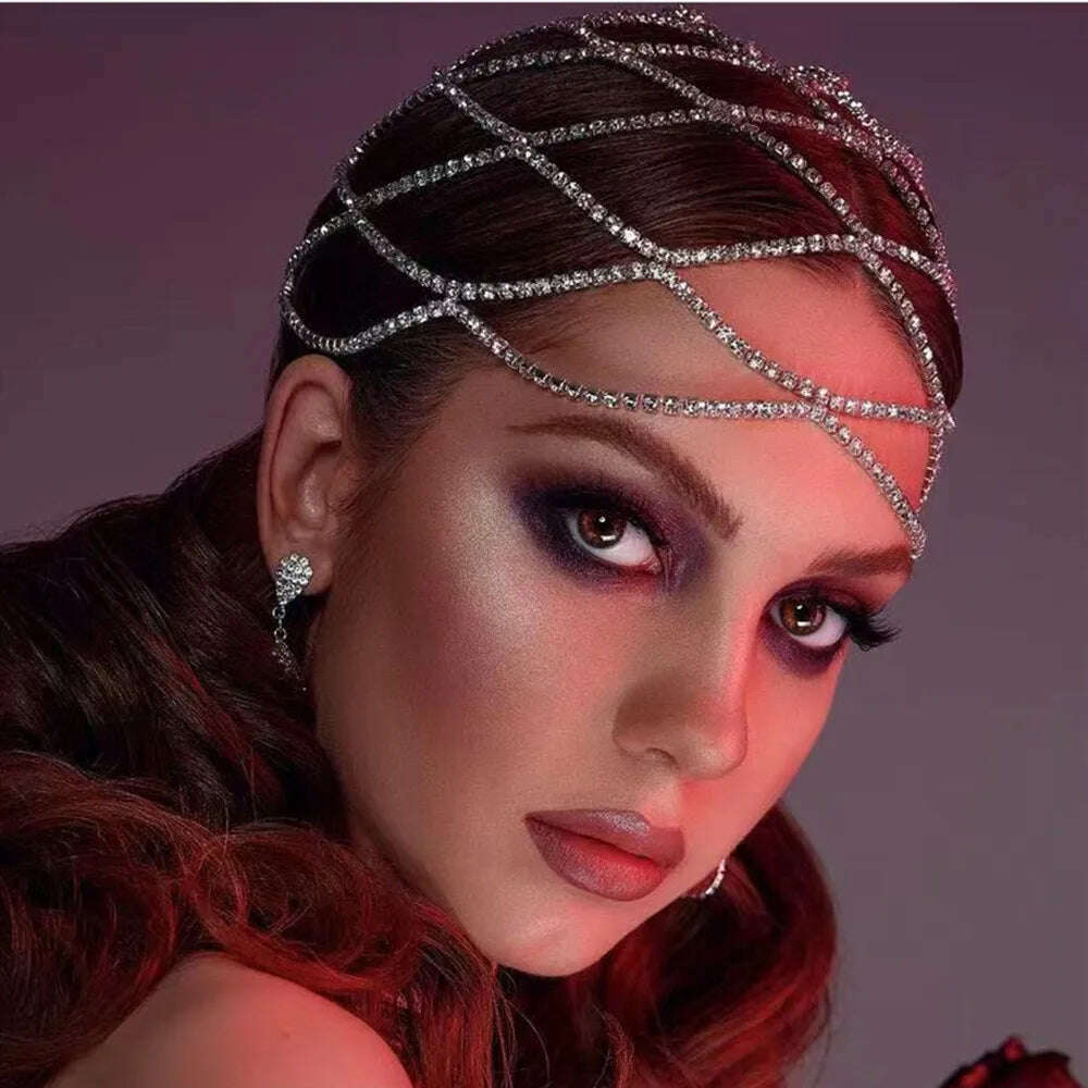 KIMLUD, 2021 Hollow Rhinestone Mesh Headpiece Wedding Head Chain Jewelry for Women Luxury Crystal Headband Head Cap Hat Hair Accessories, KIMLUD Womens Clothes