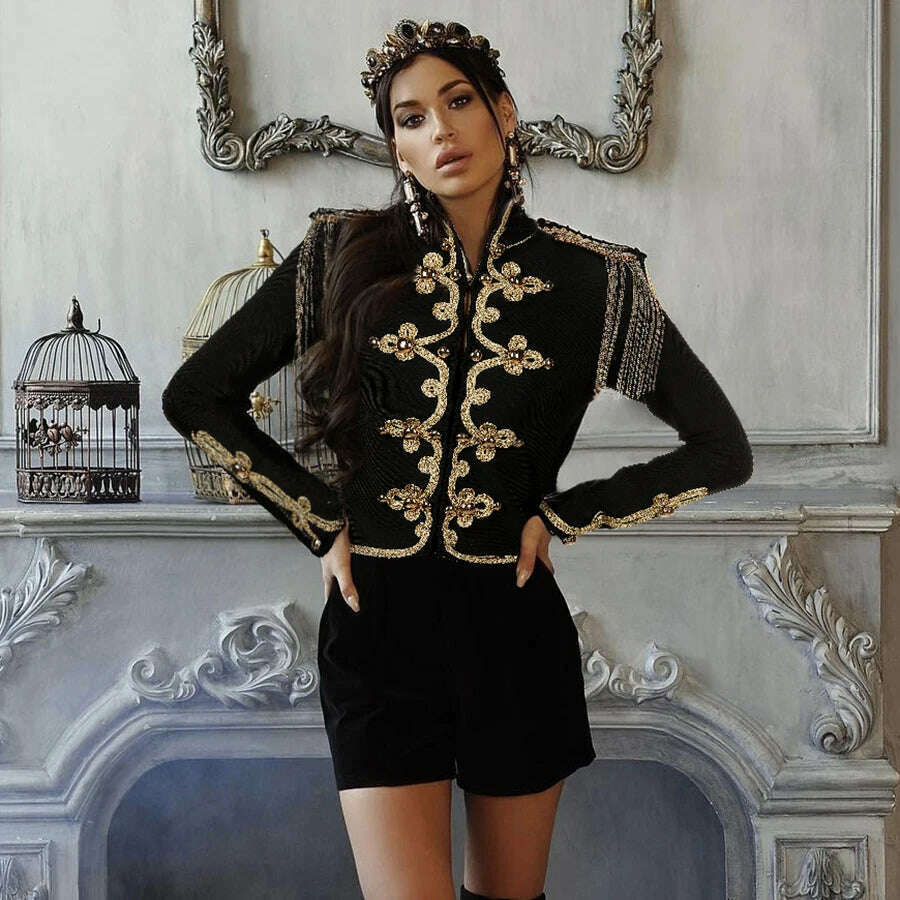 2021 New Winter Autumn Fashion Women's Bandage Jacket Long Sleeve Casual Sexy Black Night Club Party Coat Outwear Female Golden - KIMLUD