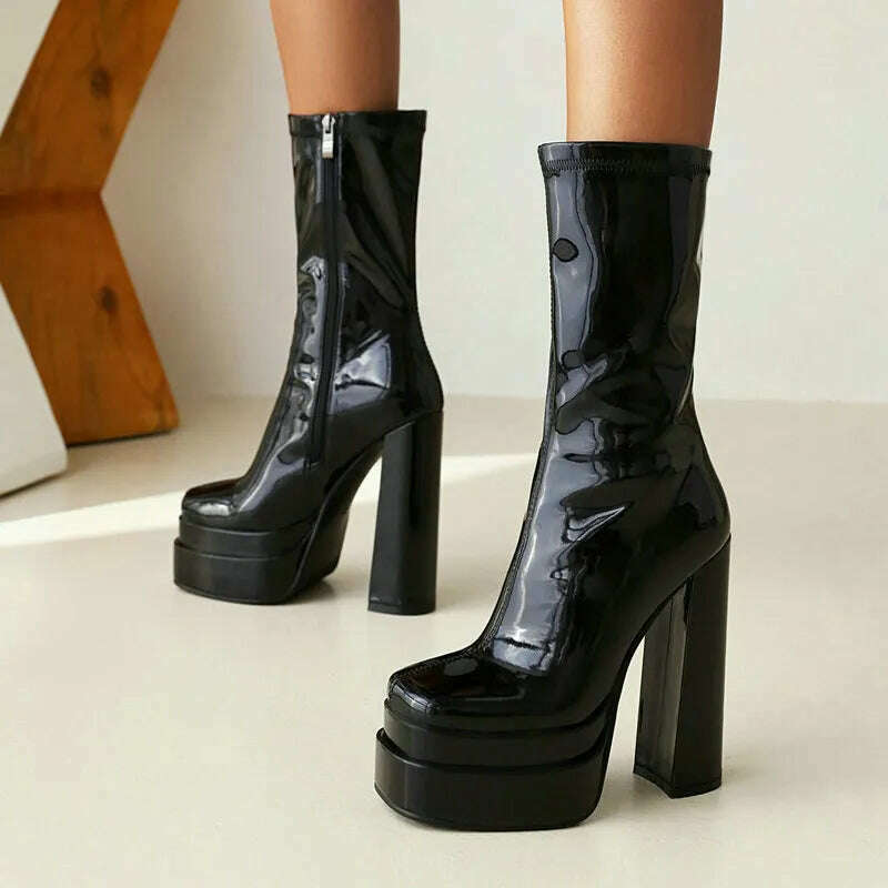 2021 Women Ankle Boots Platform Thick High Heel Ladies Motorcycle Boots Patent PU Leather Zipper Square Toe Women's Boots Black - KIMLUD