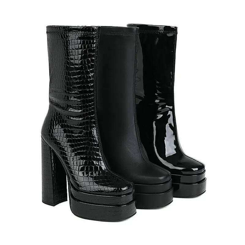 KIMLUD, 2021 Women Ankle Boots Platform Thick High Heel Ladies Motorcycle Boots Patent PU Leather Zipper Square Toe Women's Boots Black, KIMLUD Womens Clothes