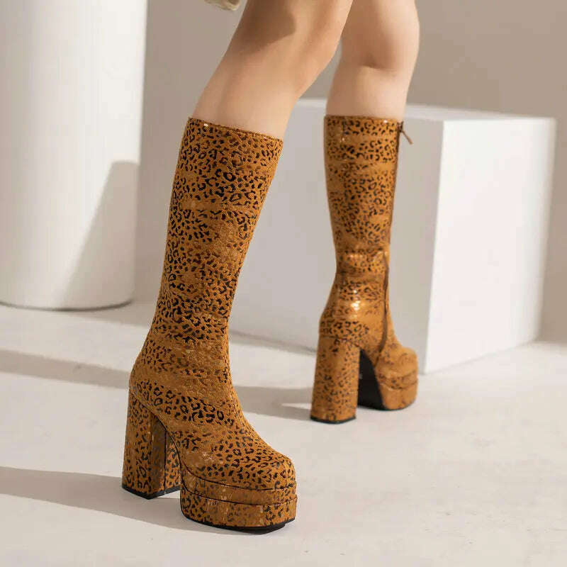 2022 Fashion Women Knee High Boots Flock Platform Chunky High Heel Punk Boots Square Toe Zipper Autumn Winter Ladies Shoes - KIMLUD