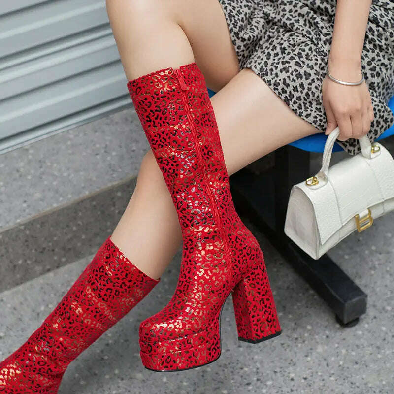 2022 Fashion Women Knee High Boots Flock Platform Chunky High Heel Punk Boots Square Toe Zipper Autumn Winter Ladies Shoes - KIMLUD