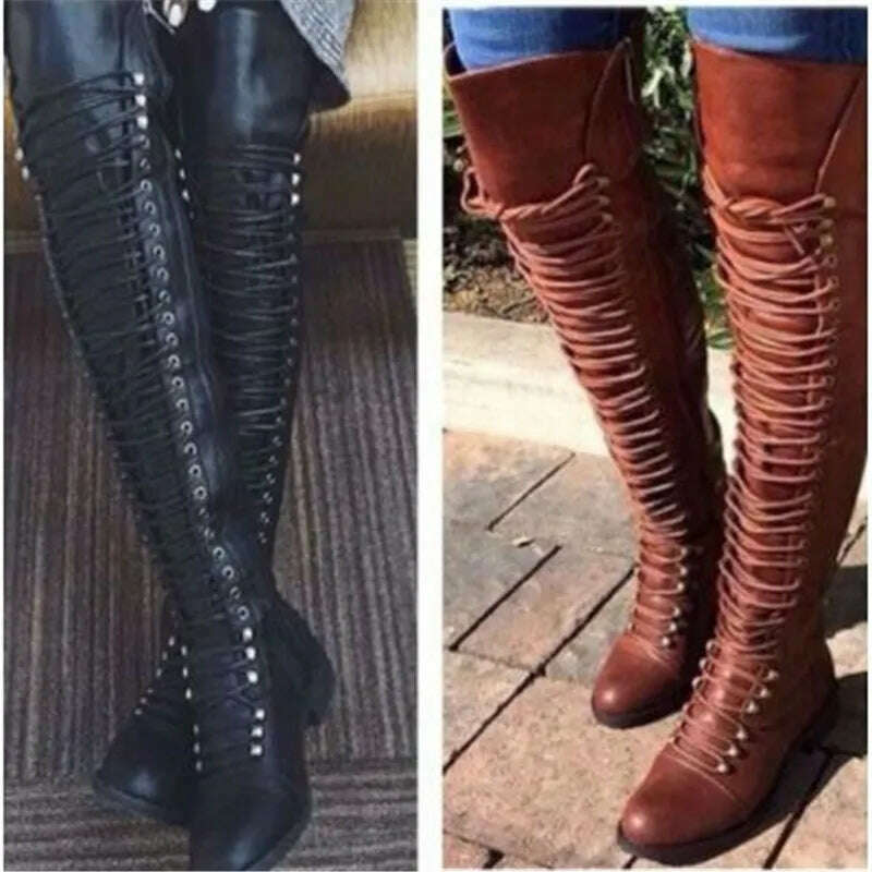 2022 Sexy Over The Knee Boots Women Fashion Cross Lace-Up Shoes Winter Warm Knight Thigh Tall Boots Ladies Over The Knee Botas - KIMLUD