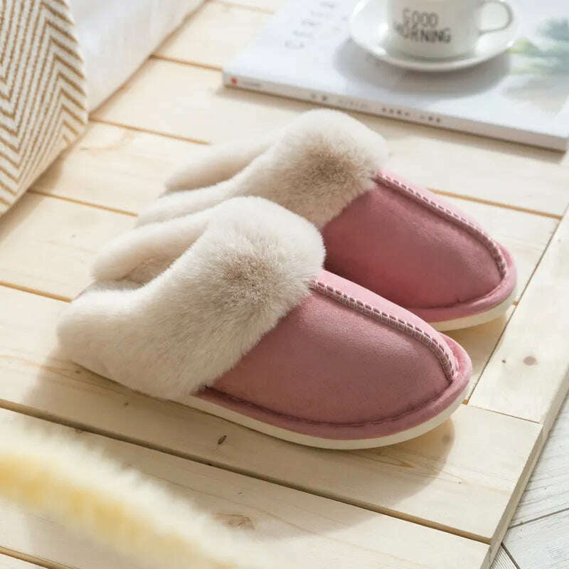 2022 Winter Warm Home Fur Slippers Women Luxury Faux Suede Plush Couple Cotton Shoes Indoor Bedroom Flat Heels Fluffy Slippers - KIMLUD