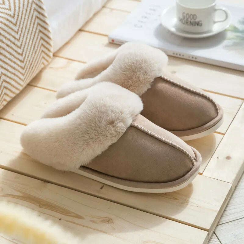 2022 Winter Warm Home Fur Slippers Women Luxury Faux Suede Plush Couple Cotton Shoes Indoor Bedroom Flat Heels Fluffy Slippers - KIMLUD