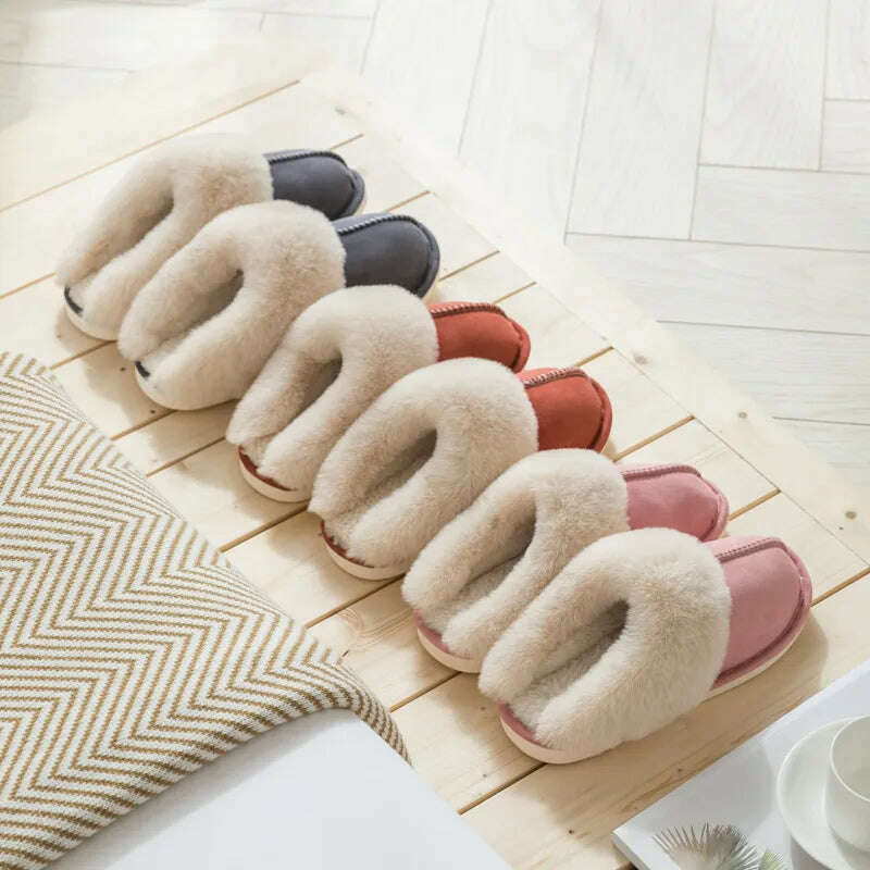 2022 Winter Warm Home Fur Slippers Women Luxury Faux Suede Plush Couple Cotton Shoes Indoor Bedroom Flat Heels Fluffy Slippers - KIMLUD