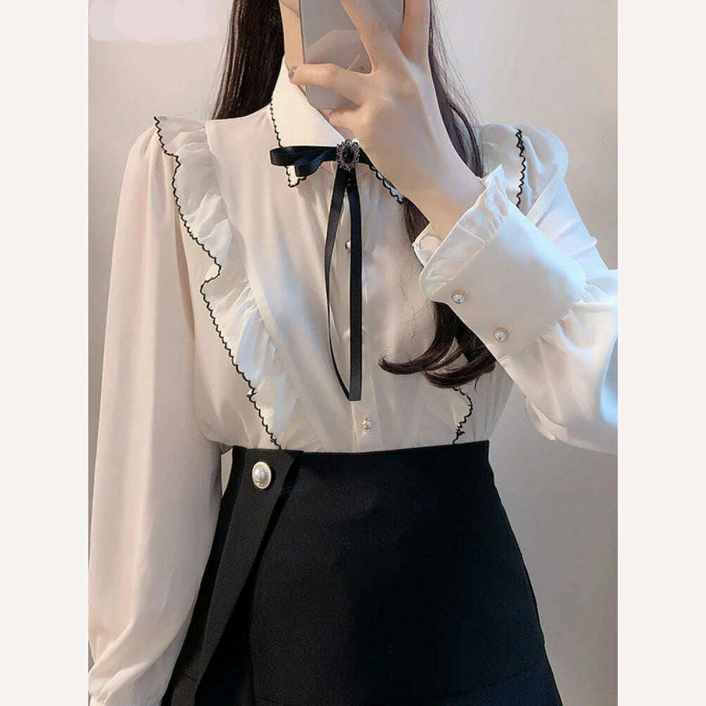 2022 Woman Cute Sweet Girls Thin Semi Transparent Ribbon Bow Tie Retro Vintalge Top Blusas Purple Green White Button Shirts - KIMLUD