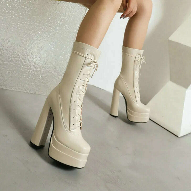 2022 Women Ankle Boots PU Leather Platform Thick High Heel Ladies Short Boots Cross Tied Square Toe Dress Female Boots Big Size - KIMLUD