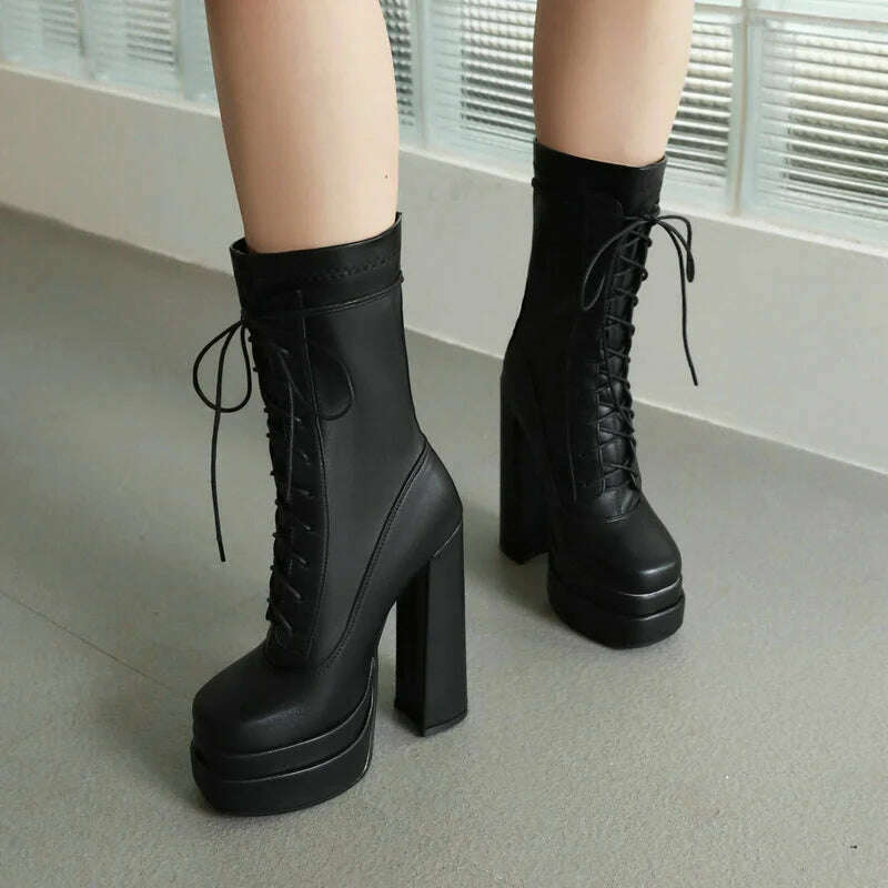 2022 Women Ankle Boots PU Leather Platform Thick High Heel Ladies Short Boots Cross Tied Square Toe Dress Female Boots Big Size - KIMLUD