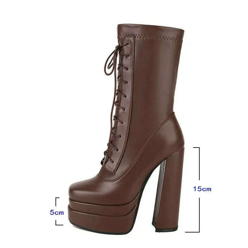 2022 Women Ankle Boots PU Leather Platform Thick High Heel Ladies Short Boots Cross Tied Square Toe Dress Female Boots Big Size - KIMLUD