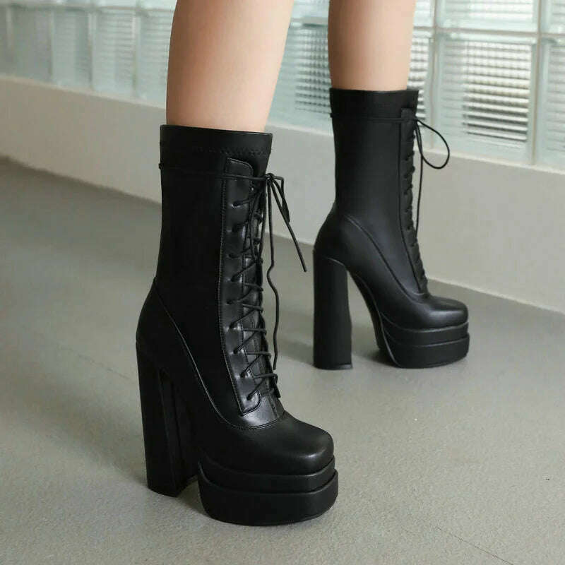 2022 Women Ankle Boots PU Leather Platform Thick High Heel Ladies Short Boots Cross Tied Square Toe Dress Female Boots Big Size - KIMLUD