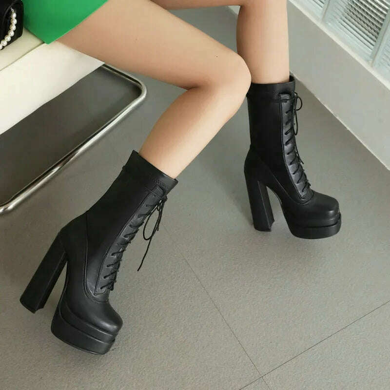2022 Women Ankle Boots PU Leather Platform Thick High Heel Ladies Short Boots Cross Tied Square Toe Dress Female Boots Big Size - KIMLUD