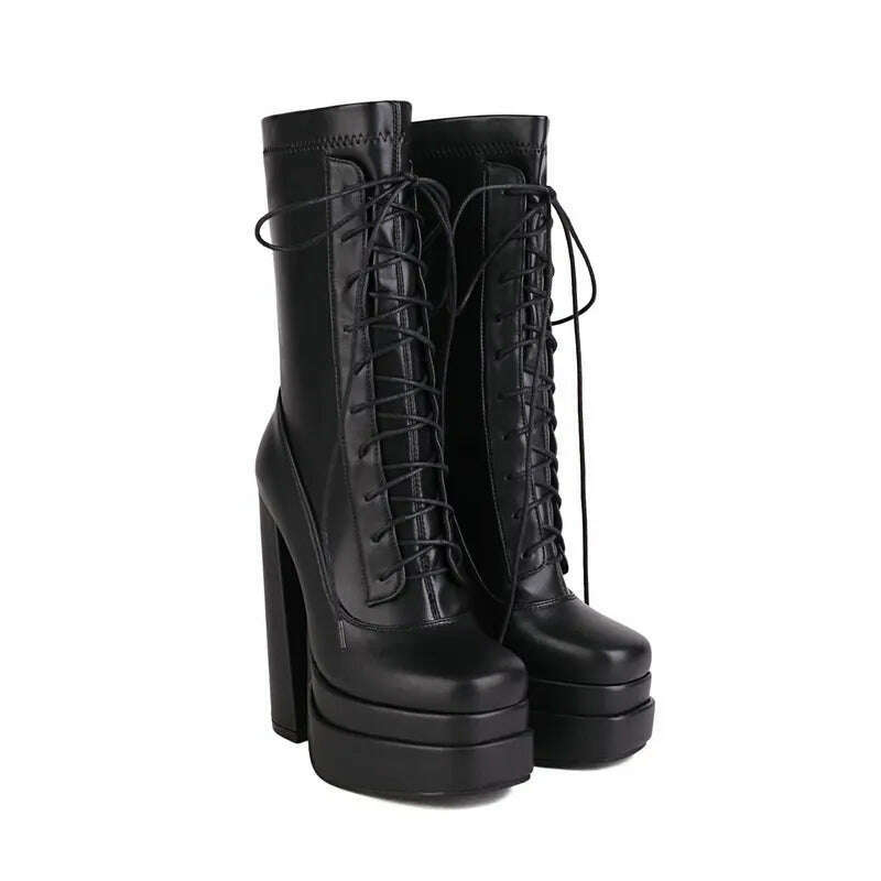 2022 Women Ankle Boots PU Leather Platform Thick High Heel Ladies Short Boots Cross Tied Square Toe Dress Female Boots Big Size - KIMLUD