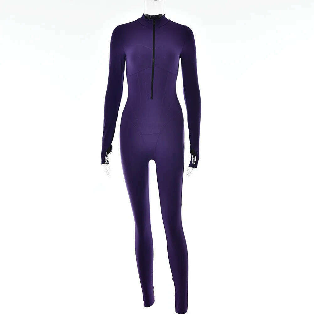 2023 Autumn Sexy Elegant Women Zip-up O-neck Long Sleeve Jumpsuit Streetwear Summer Overalls One Piece Fitness Sports Bodysuits - KIMLUD