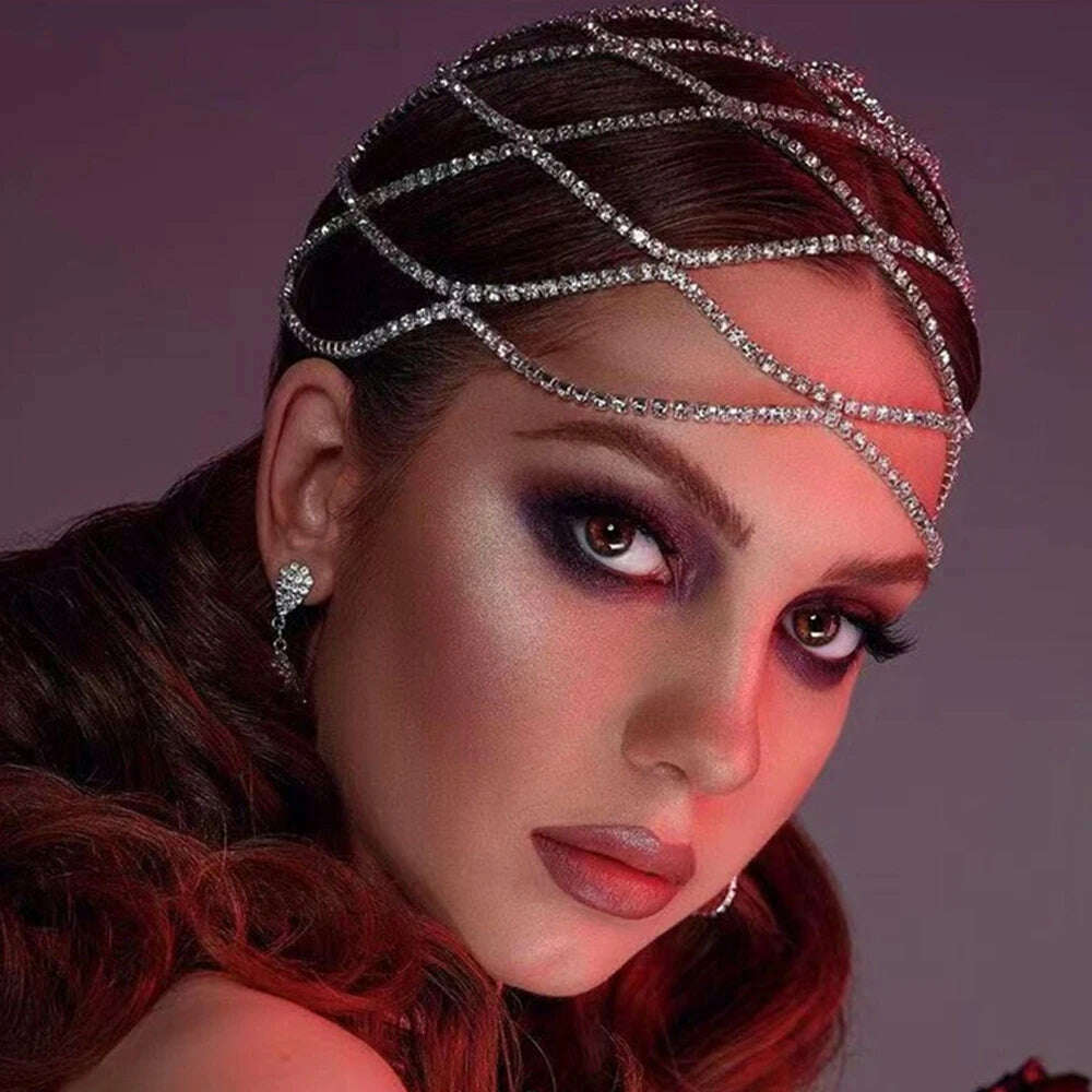 KIMLUD, 2023 Hollow Rhinestone Mesh Headpiece Wedding Head Chain Jewelry for Women Luxury Crystal Headband Head Cap Hat Hair Accessories, KIMLUD Womens Clothes