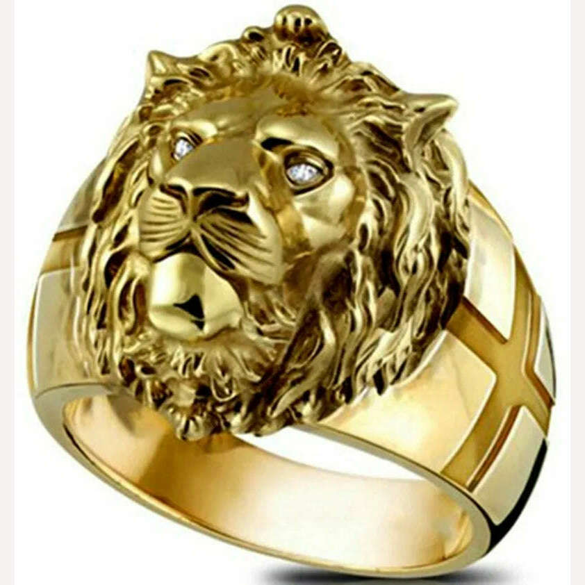 KIMLUD, 2023 New Golden Lion Head Ring Stainless Steel Cool Boy Band Party Lion Domineering Men's Golden Head Unisex Jewelry Wholesale, 7, KIMLUD Womens Clothes