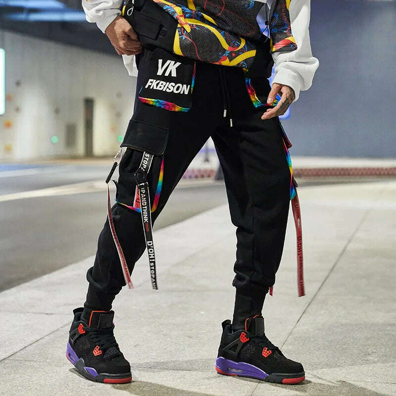 2023 New Hip-Hop Jogger Men's Harem Overalls Color Multi-Pocket Ribbon Men's Sports Pants Streetwear Casual Men's Casual Pants - KIMLUD